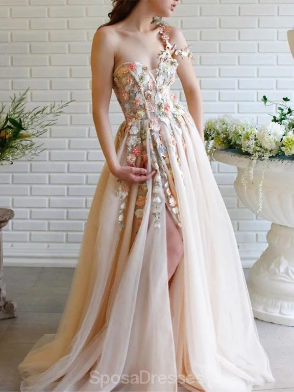 Cute One Shoulder Lace Flower Long Cheap Evening Prom Dresses, Evening Party Prom Dresses, 12351 Spring party dresses